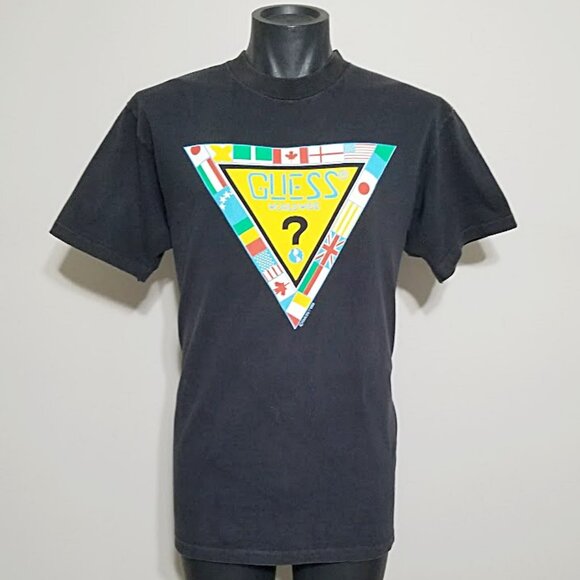 Vintage 1989 Guess Worldwide Flags T Shirt OSFA Designer 80s Tee USA Made Rare - Picture 1 of 6